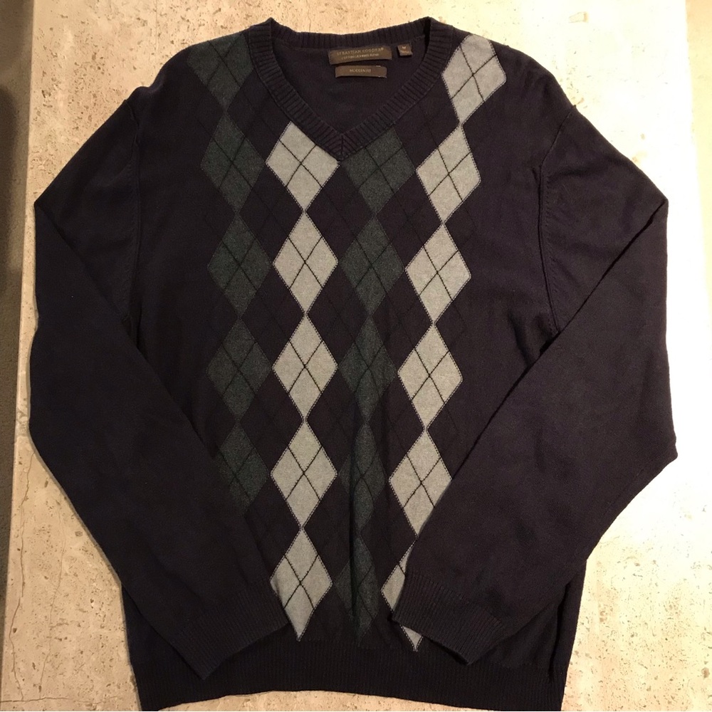 Sebastian Cooper Cotton Cashmere Blend Purply and Gray Argyle Sweater Size M